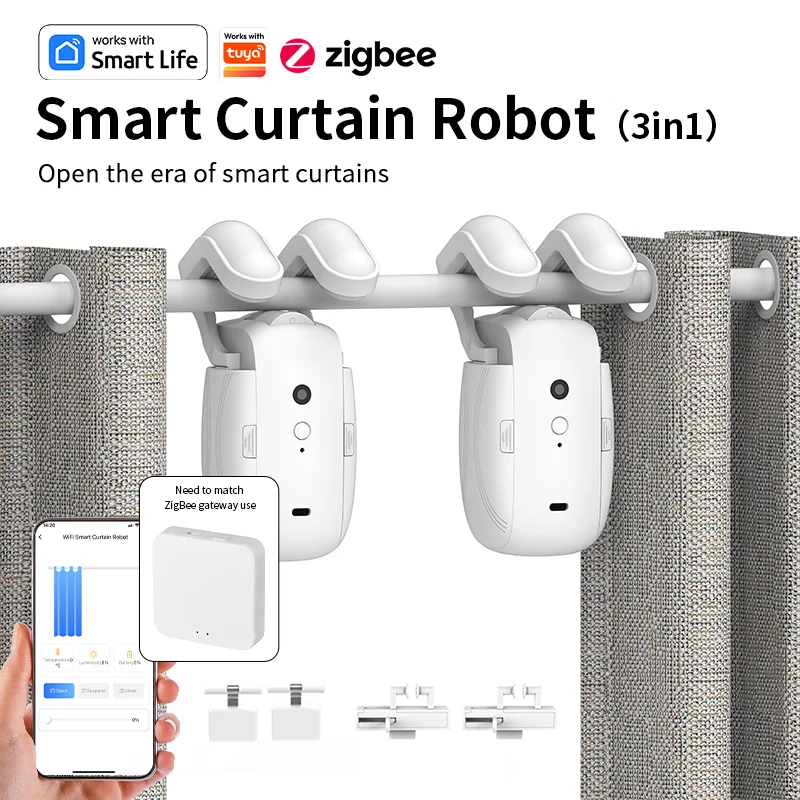 

Zigbee Smart Curtain Motor Curtain Opener Super Silent For Curtain Track Compatible with Alexa， For Roman Rod/T/U Track 3in1
