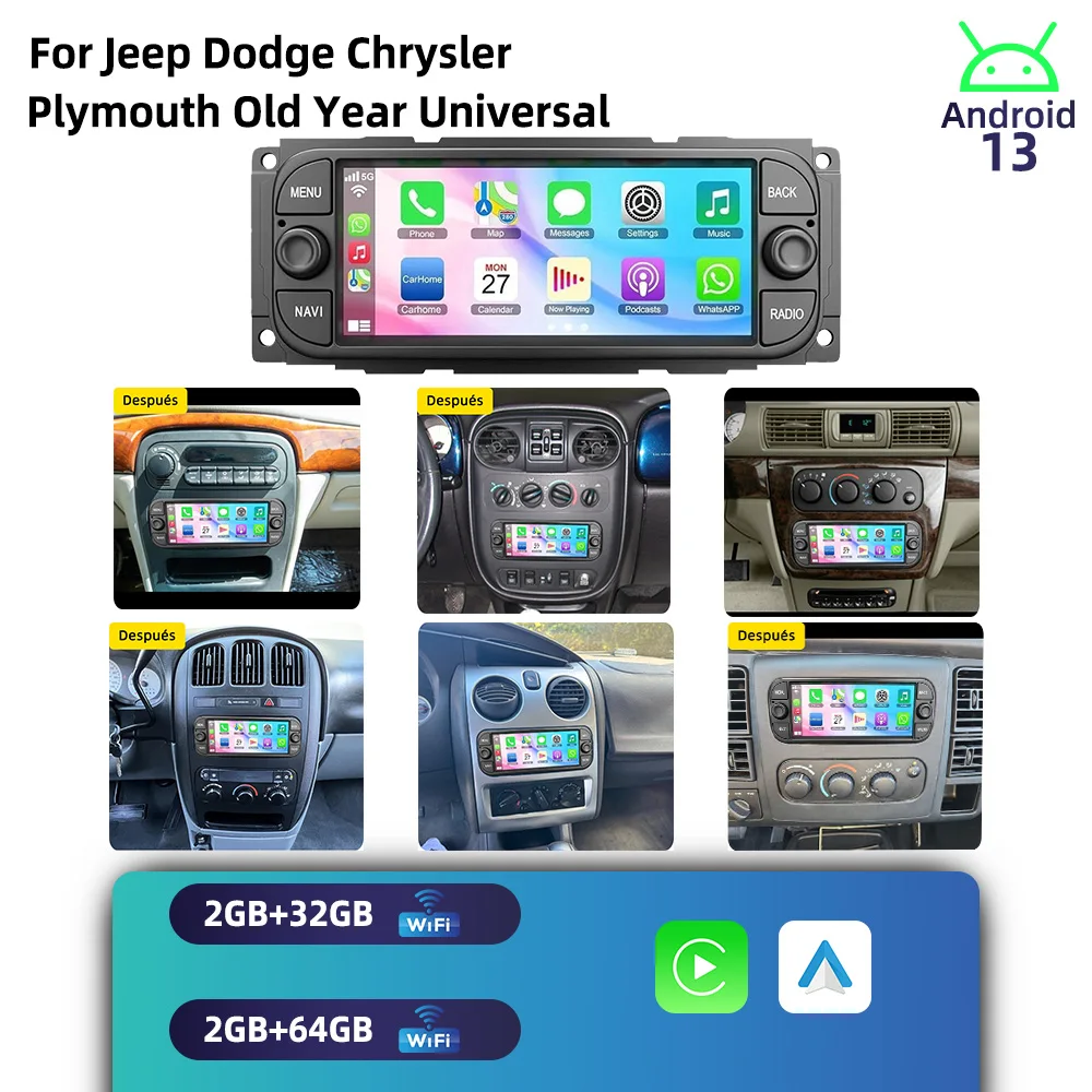 Para Jeep, Dodge, Chrysler, Plymouth, Unidade Principal de Rádio Estéreo 1 Din com Tela de 6.86'', Carplay, GPS, Android, Multimídia Automotiva Universal para Veículos Antigos