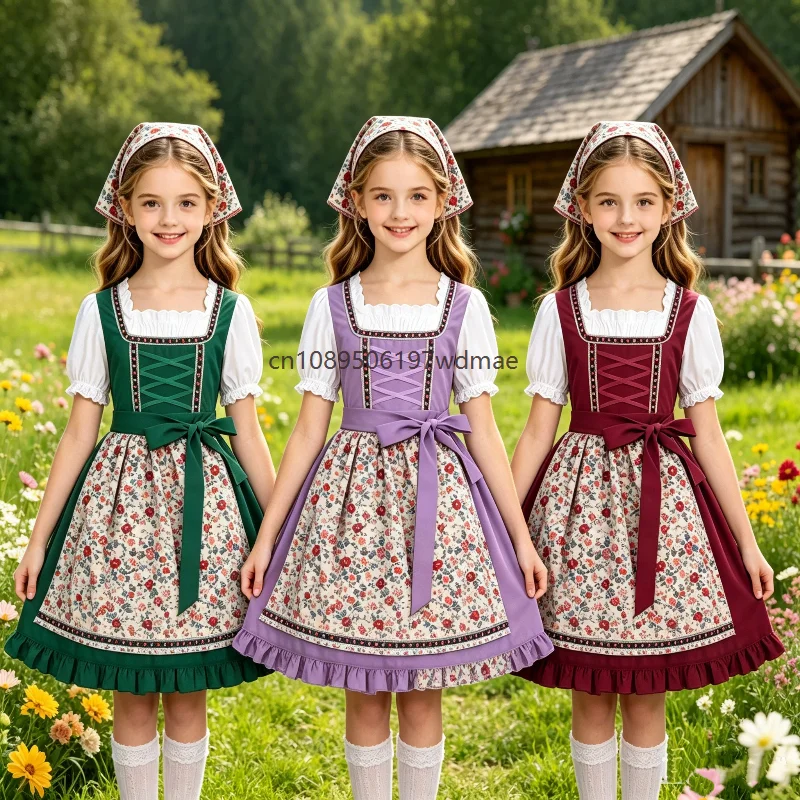 Pastoral Style Bavarian Folk Party Costume Floral Apron Clothes with Headscarf Princess Cosplay Stage Performance Outfits