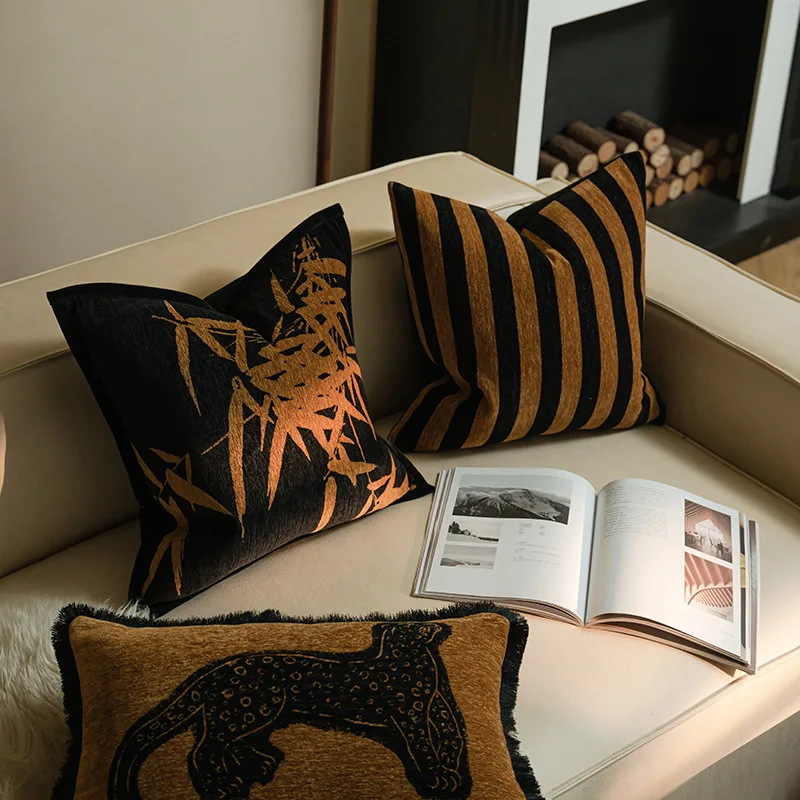 Brown Black Melard Cushion Cover Design Sense Light Luxury Geometric Jacquard Pillow Covers Decorative French Retro Pillowcase