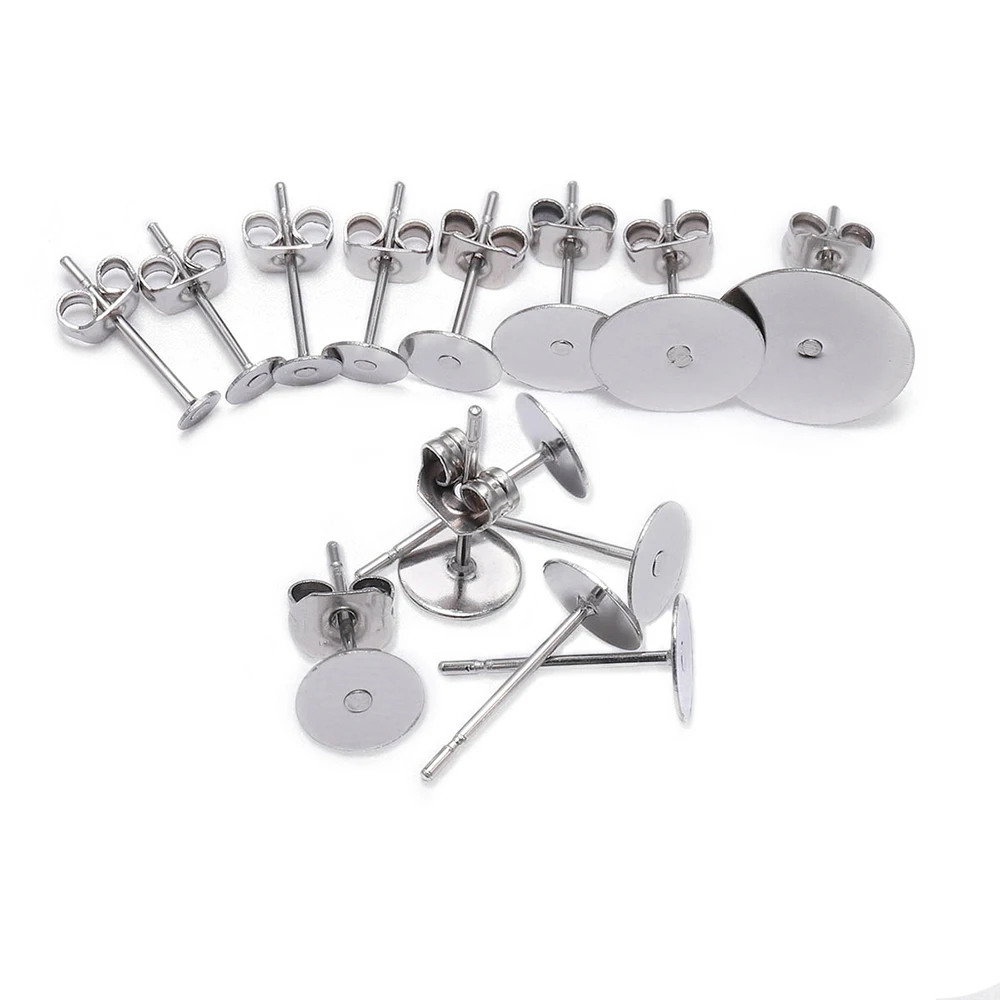 20-100Pcs/Lot Stainless Steel Blank Post Earring Stud Base Pins With Earring Plug Supplies For DIY Jewelry Making Kits Findings