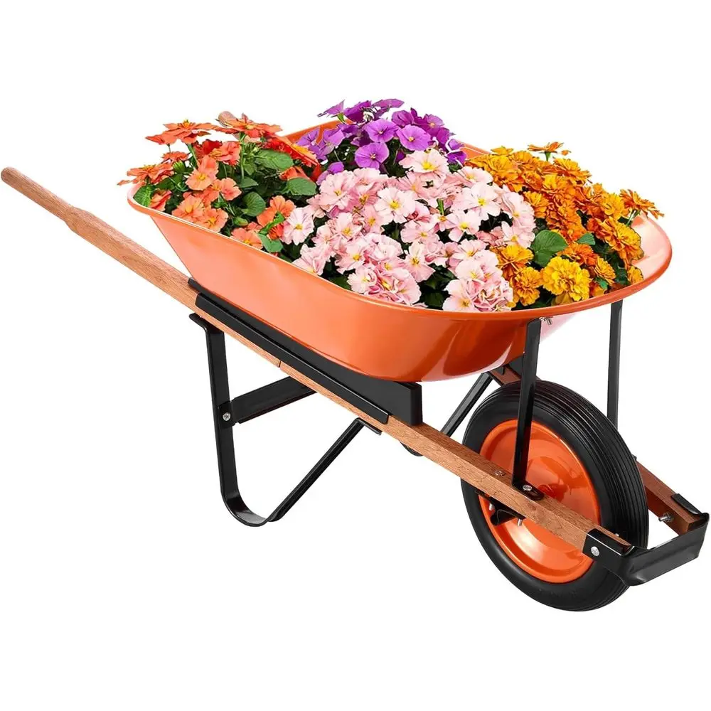 

Single Wheel Garden Cart with 5 Cubic Feet Capacity and 265 lbs Load Capacity, featuring Metal Handle and Wide Track Wheels for
