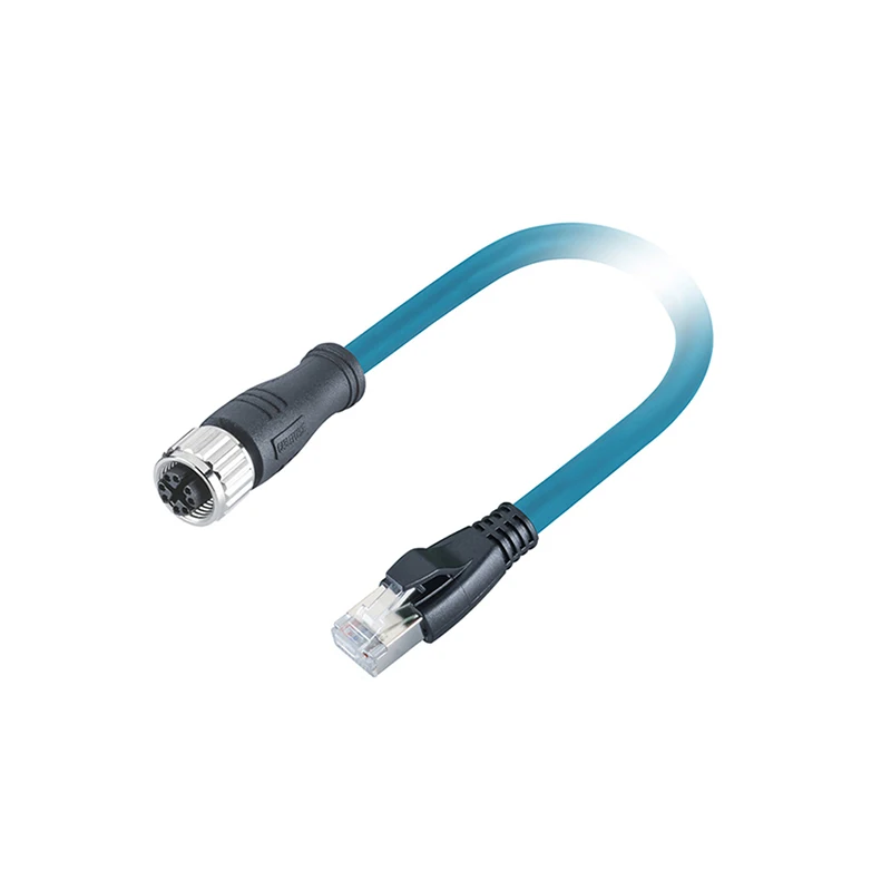 M12 X Code Female Connector to RJ45 Male Plug Molded 1M PUR 10Gbps  6A AWG26 Ethernet Cable