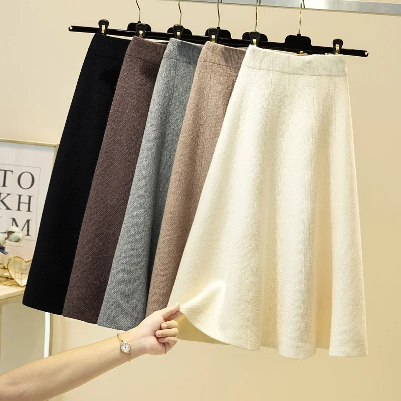 Autumn and Winter Wool Blend Long Knit Joker Skirt Thickening Warm Dobby Knitted Flared Long Skirts