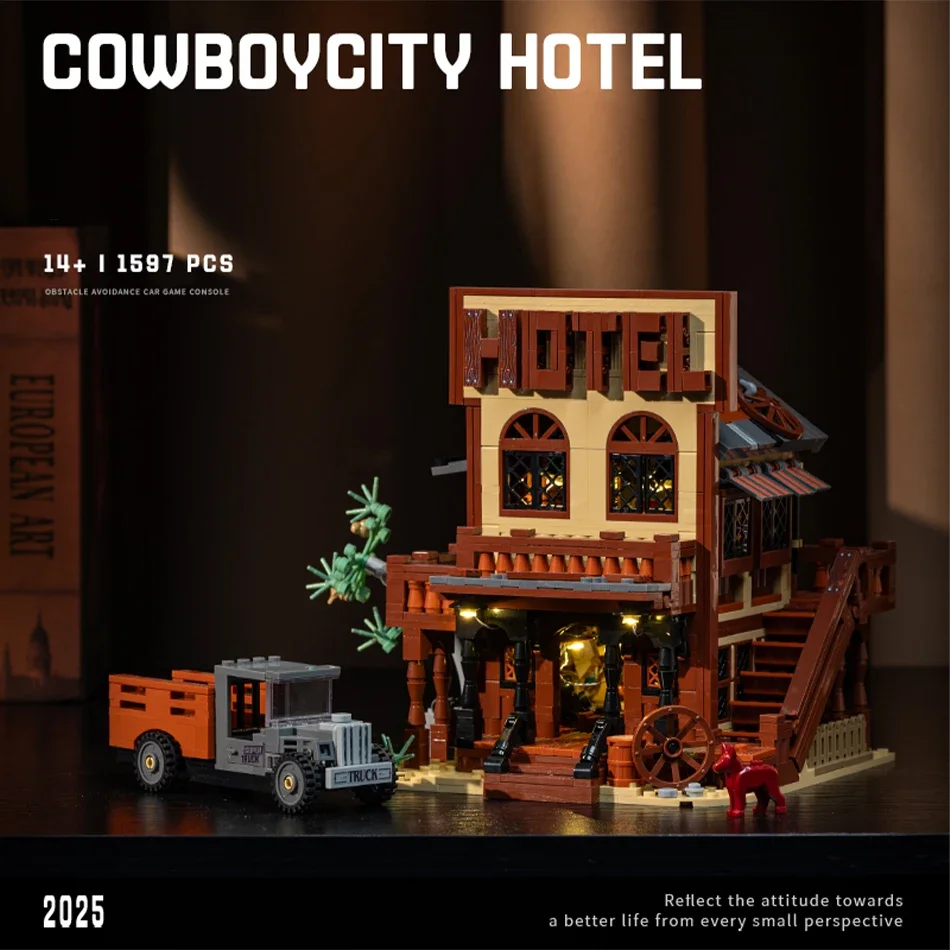 Western Cowboy City Hotel Truck Street View Building Blocks Set - MOC West Town Architecture Assembly Bricks Toy for Kids Gifts