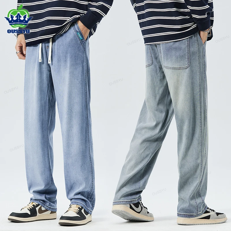 

Luxury Quality Summer Thin Lyocell Fabric Jeans Men Elastic Waist Straight Breathe Korea Denim Trousers Male Plus Size M-5XL