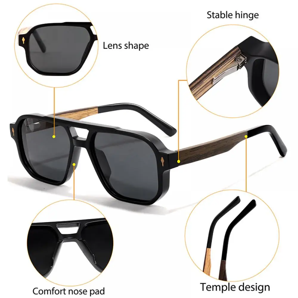 CATERSIDE Modische polarisierte Sonnenbrille für Herren, Holzbeine, flaches Doppelbrücken-Design, Sonnenbrille für Damen, Outdoor-Sommerbrille – Detail 1