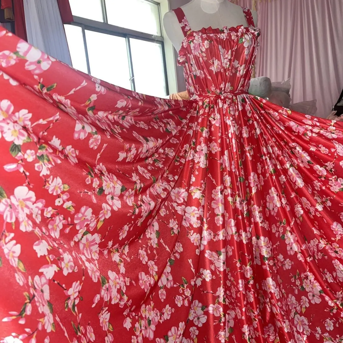 Glossy Floral Print Women Satin Sleeveless Red Dress Loose Maxi dress Plus Size Sleeping Robe