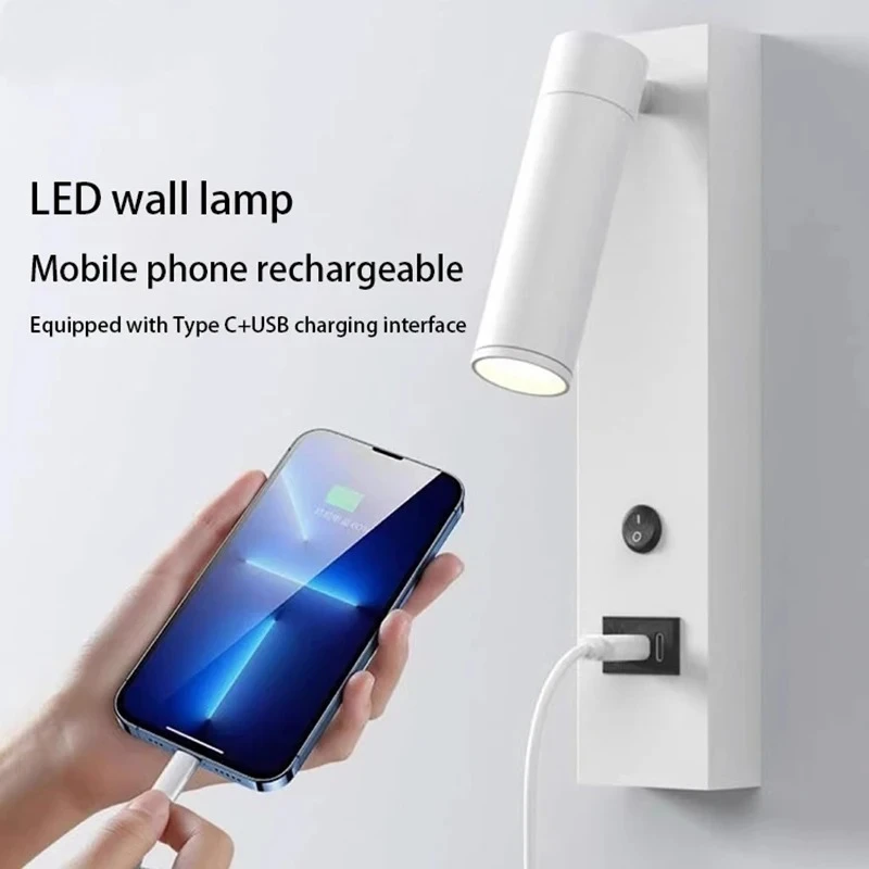 

Светодиодный настенный светильник для зарядки телефона, прикроватный светильник для спальни с выключателем, современное освещение для чтения, регулируемый угловой точечный светильник