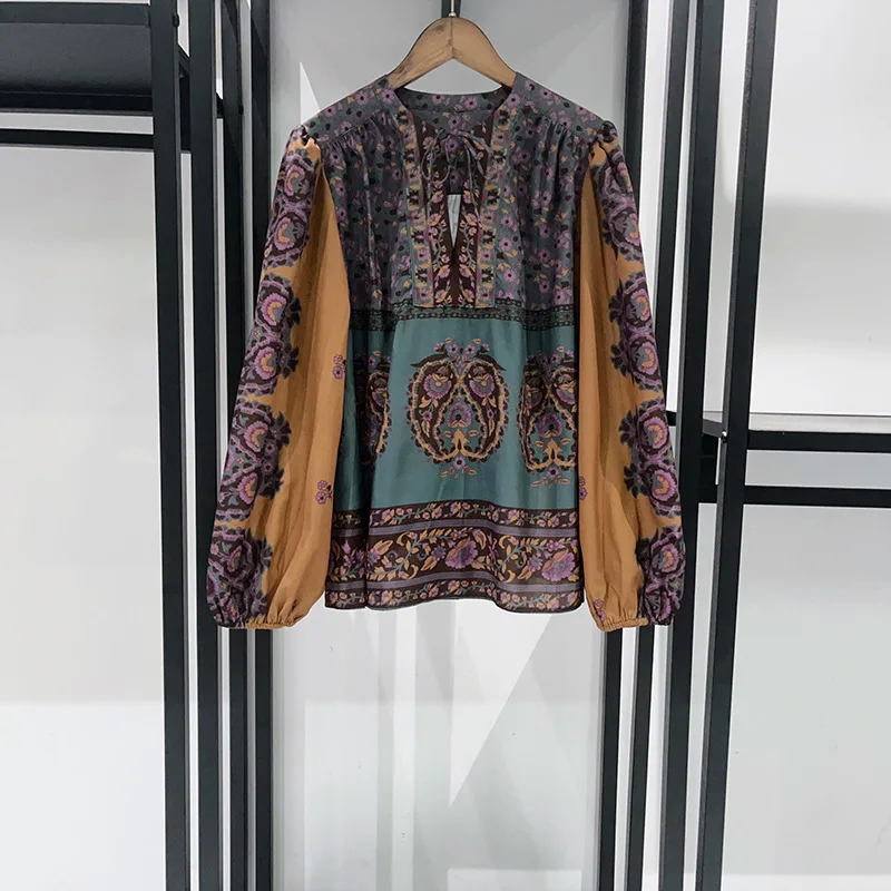 Niche 2025 بلوزة أنيقة لخريف وشتاء 2021 مطبوعة على الطراز العتيق ورقبة على شكل حرف V وتنورة وسراويل ومجموعة فساتين #3