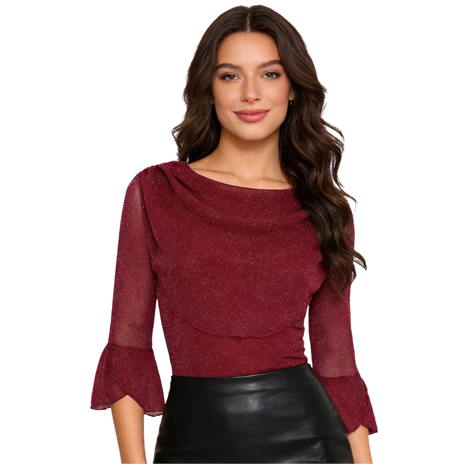 

Womens Shimmering Blouses Cowl Neck Half Sleeve Pullover T-shirt Elegant Dressy Shirt for Office Work Cocktail Evening Party