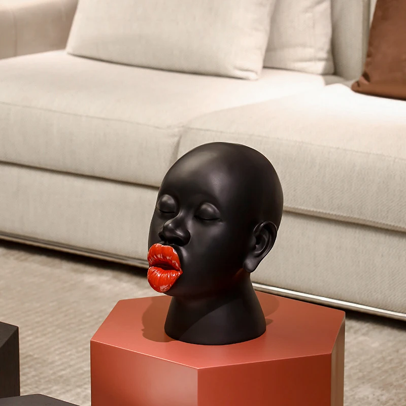 Modern Resin Abstract Human Sculpture Red Lips African Style Statue Human Face Handicraft Furnishings Figurines Home Decorations