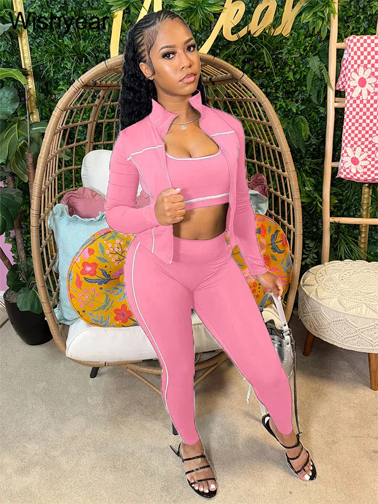 

Sports Women's Stripe Pink 3-Piece Pants Set Long Sleeve Crop Top Tank Leggings Skinny Autumn Active Fitness Streetwear Outfits