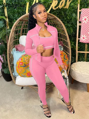 Ensemble pantalon 3 pièces à rayures roses pour femmes, haut court à manches longues, débardeur, Leggings, slim, Fitness actif, tenues Streetwear, automne