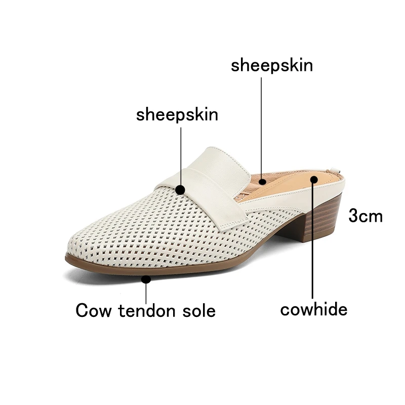 Women's new summer genuine leather sheepskin breathable hole round head, mid heel, large toe, M ü ller slippers