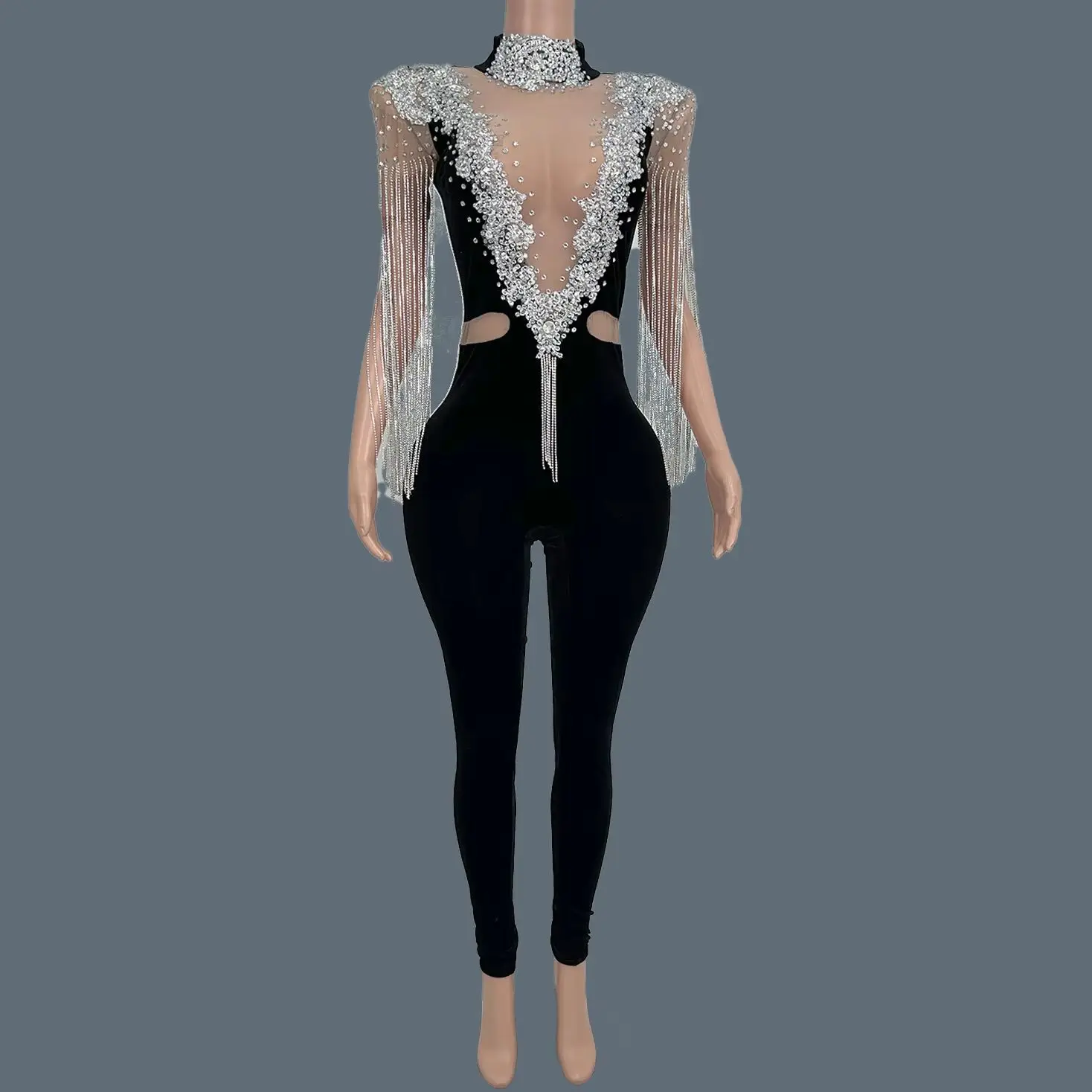 

Tassel Tight Fitting Elastic Low-cut Jumpsuit Sexy Women Night Club Stage Performance Outfit Party Singer Show Jumpsuit HeiVling