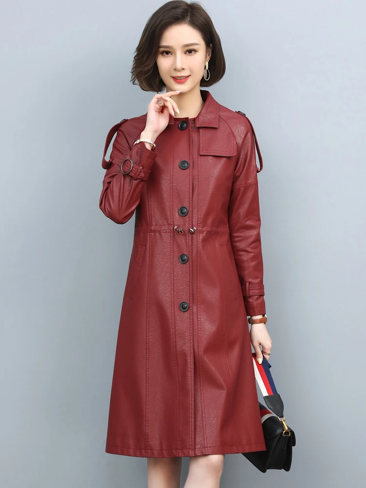 Pop Women Genuine Leather Trench Coat Spring Nice Fashion Turn-down Collar Solid Color Drawstring Loose Long Sheepskin Coat