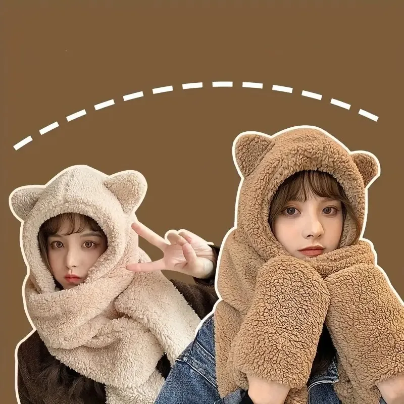 1-5PCS 3 in 1 Hooded Bear Ear Scarf Glove Set Fleece Lined Thickened Winter Cap for Women Teen Girls Outdoor Ski Commute