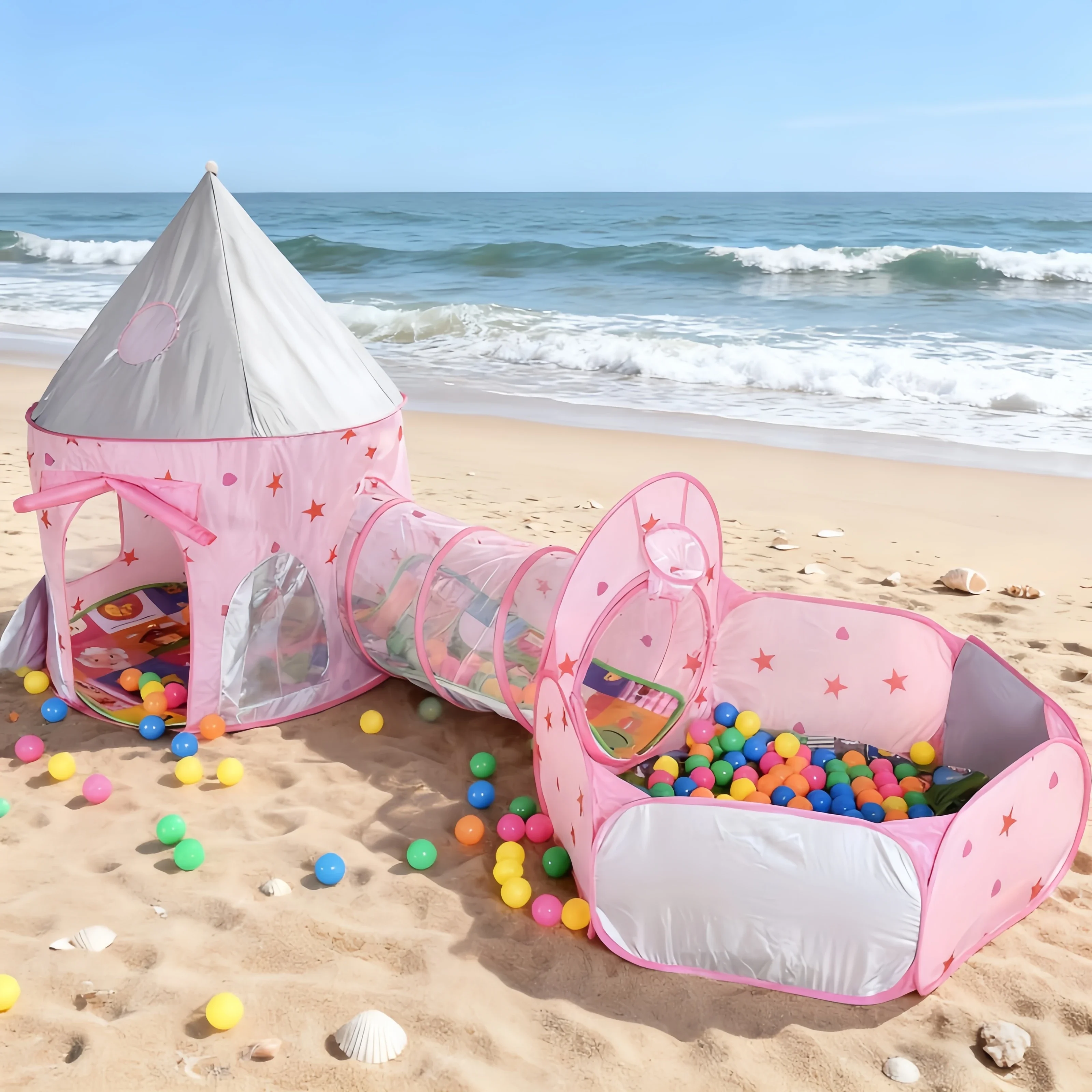 3-in-1-Zelthaus für Kinder, tragbares Schloss-Spielspielzeug mit Tunnel und Ozean-Ballbecken, Kindergrube, faltbar, für drinnen und draußen, Baby-Spielhaus