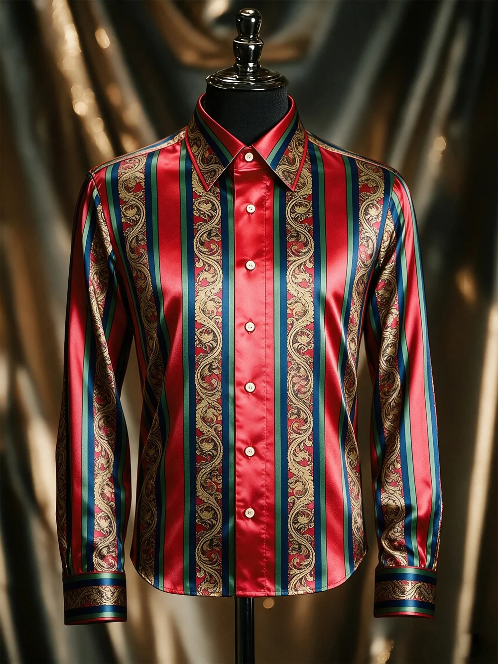 Men Red Green Vertical Stripe Gold Baroque Floral Satin Long Sleeve Shirt Turn Down Collar Luxury Wedding Party Casual Tops