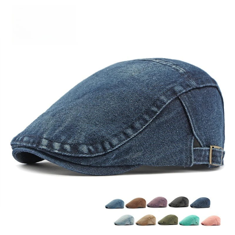 Solid Washed Denim Cap Multi Color Flat Beret Hat Breathable Vintage Jean Newsboy Cap For Men Daily Driving Fishing Streetwear