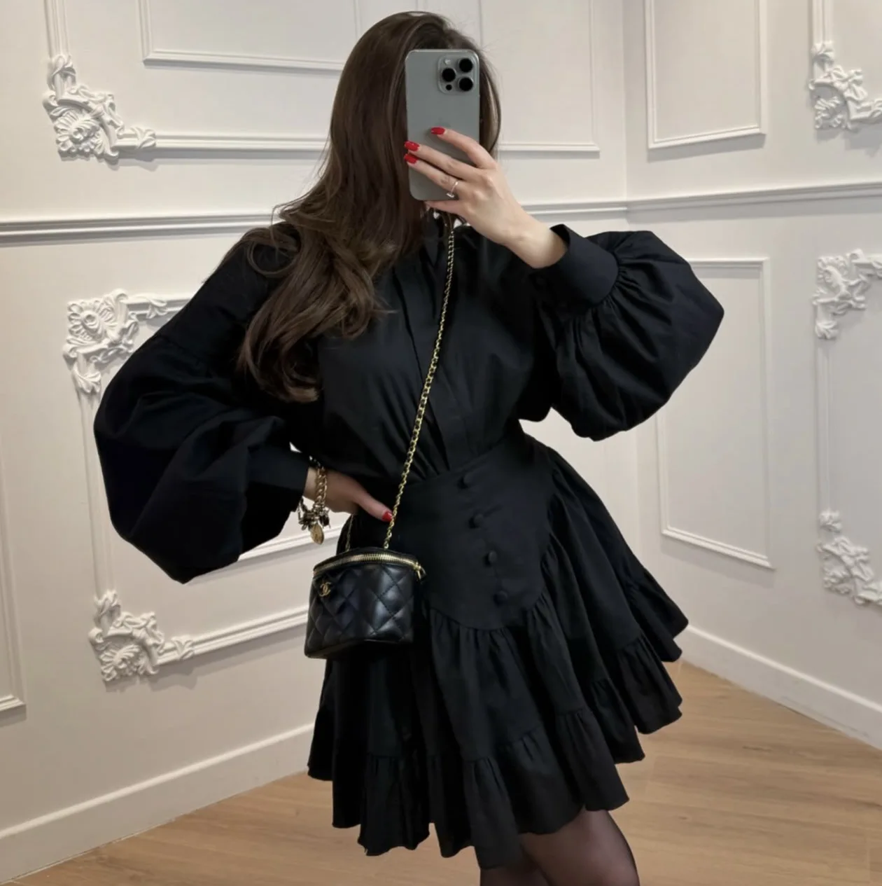 

Women's Elegant Button Shirt Ruffle Short Skirt Women's Puffed Sleeve Blouse Ruffled Mini Elegant For Office Casual Wear NE4N