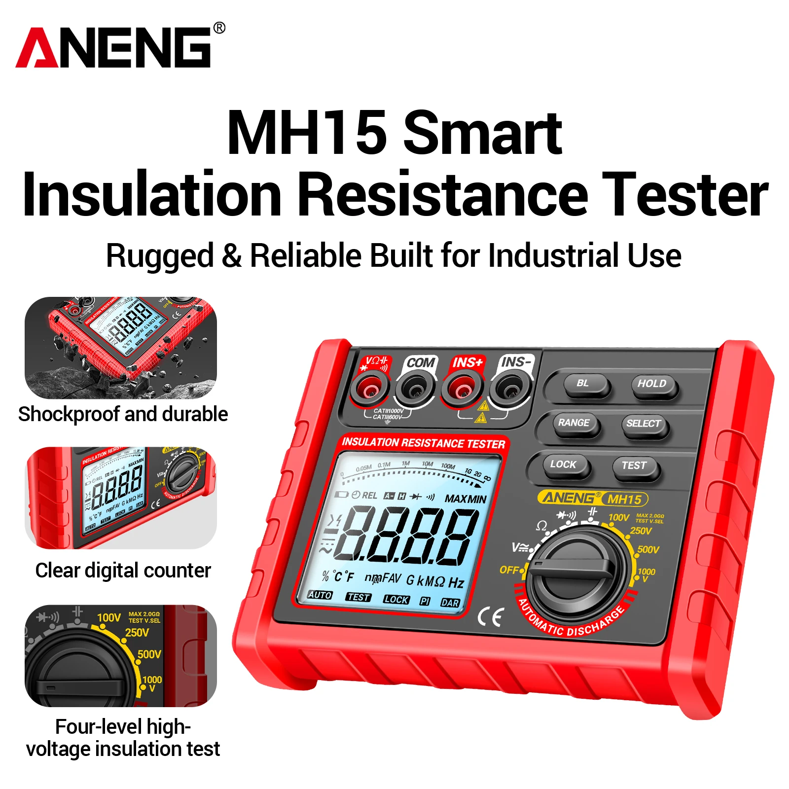 High Precision Insulation Resistance Meter Low Battery Warn Automatic Discharge Circuit Maintenance Electrician Meter ANENG MH15