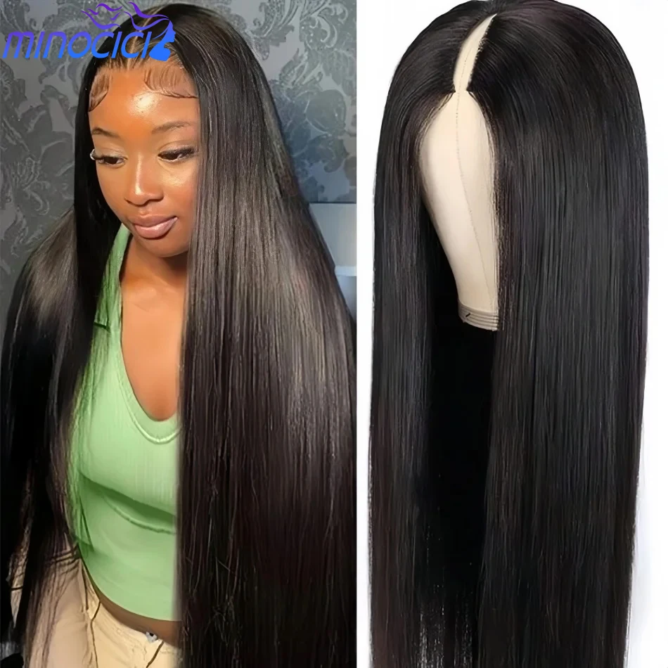 

30Inch V Part Wig Straight Human Hair Wigs Natural Black Brazilian Human Hair No Leave Out No Sew Glueless 220 Density For Women