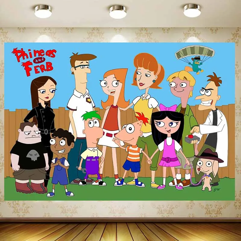 

Cartoon Phineas and Ferb Backdrop kids Birthday Party Supplies platypus Decoration baby shower Isabella Garcia Background