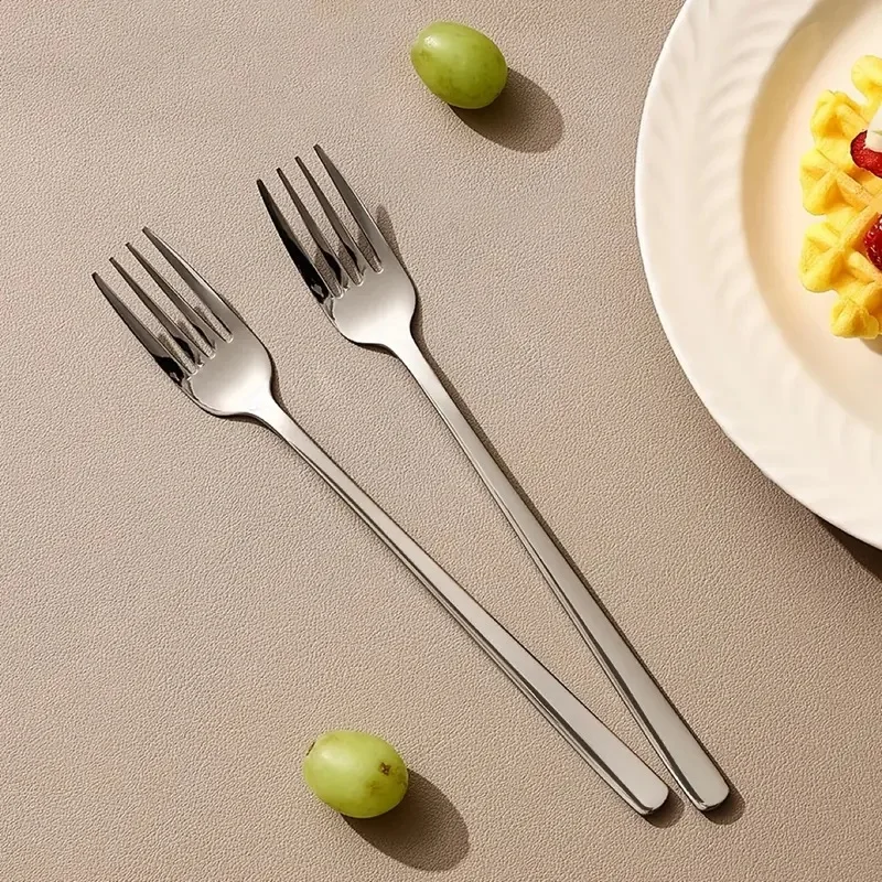 6pcsPremium Stainless Steel Cutlery Set - Long Handle Fork & Spoon , Perfect For Desserts & Salads, Korean Style Dining Utensils