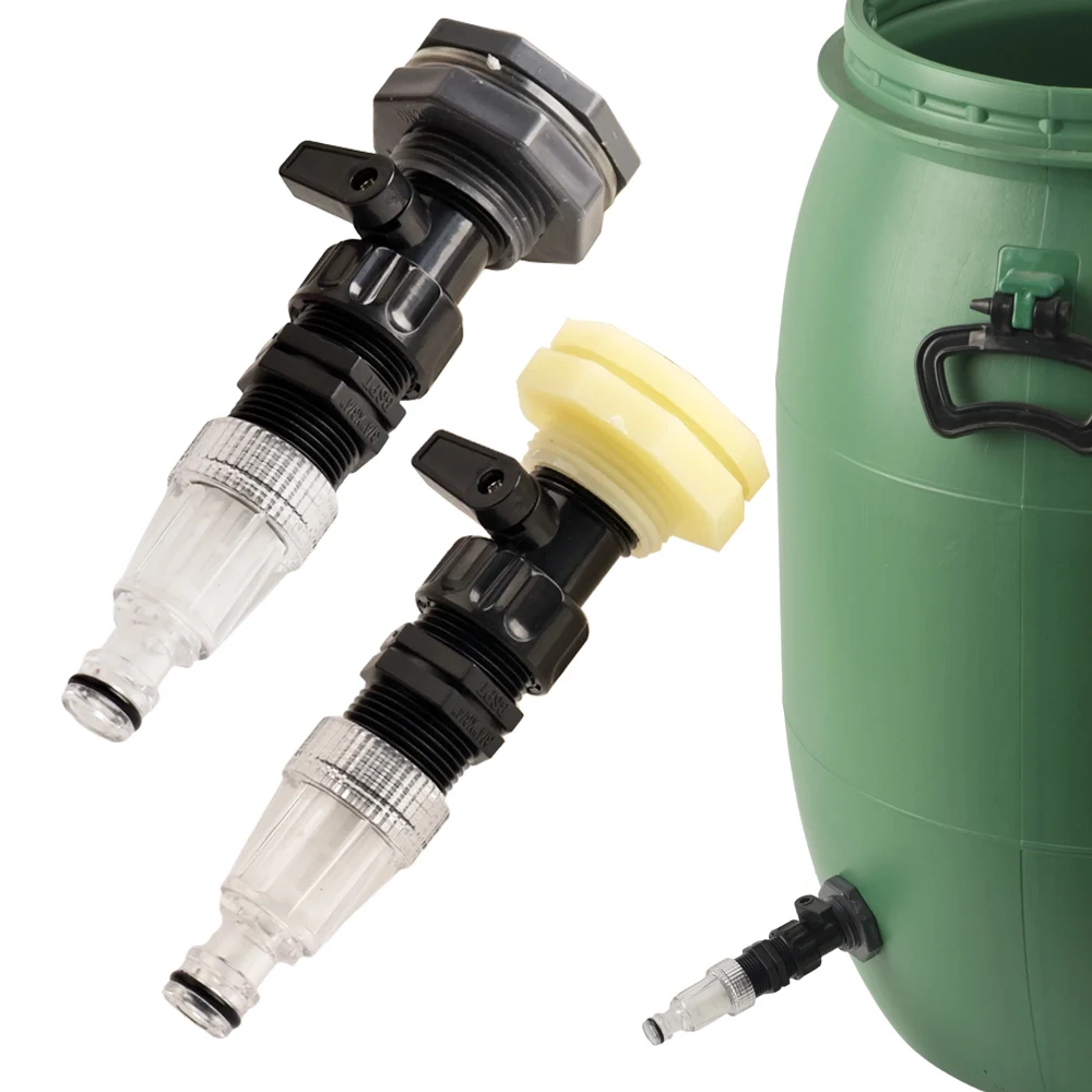 1Set 3/4 Inch Rain Barrel Spigot Kit, 16mm Quick Connector Pacifier with Filter, PVC Garden Hose Shut Off Valve