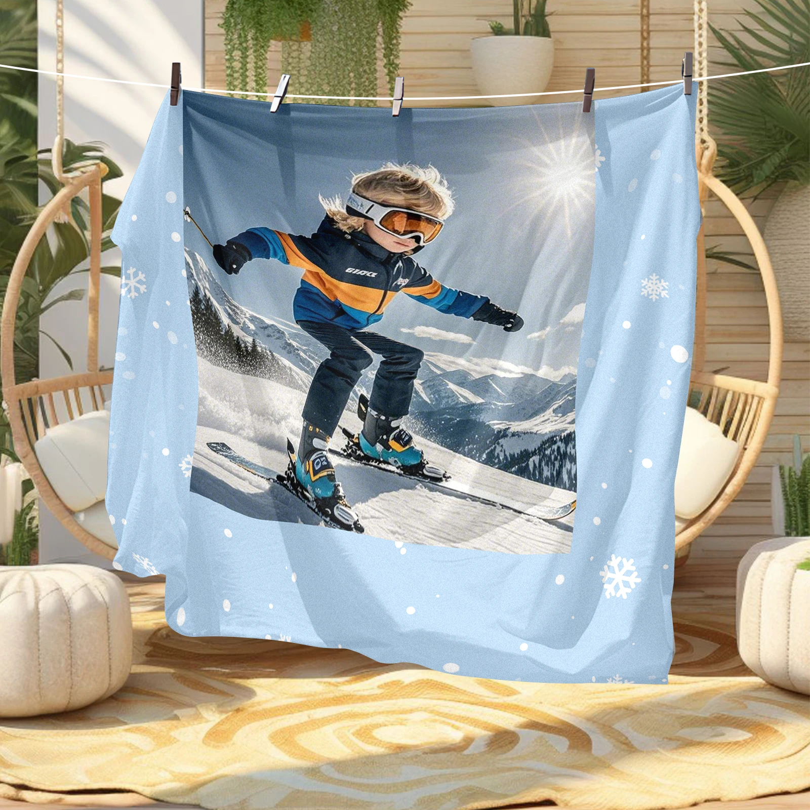 Kids Skiing Photo Customized Souvenir Blanket Creative Birthday Gift For Son Holiday Gift Couch Bedroom Travel Skiing Available