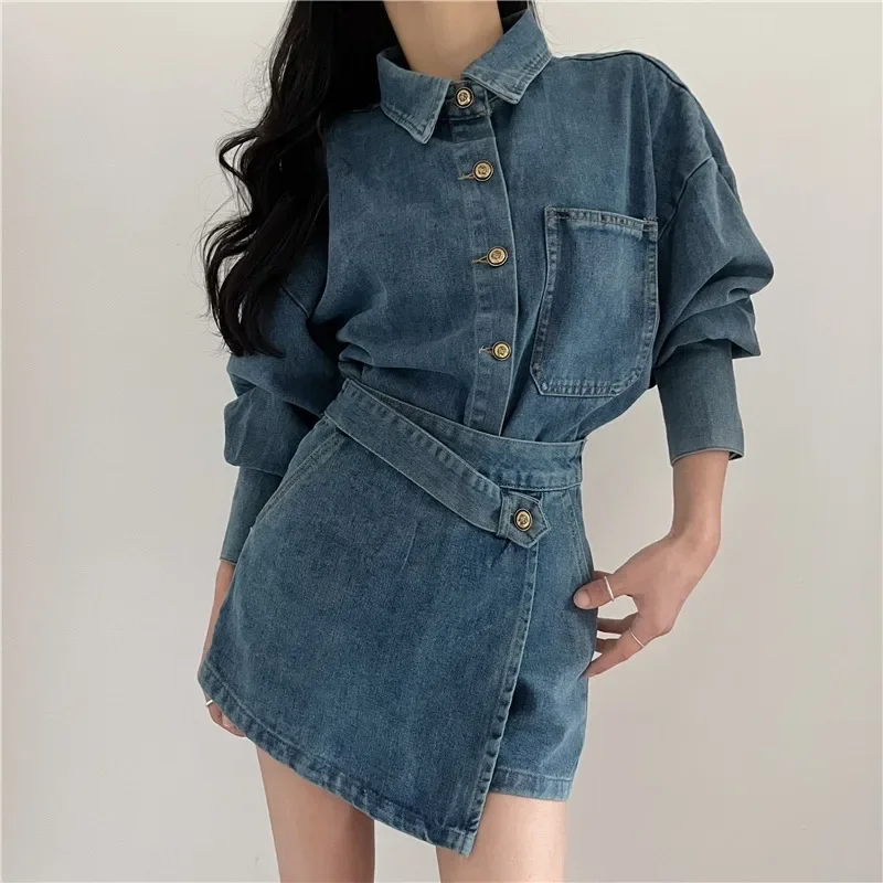 Neploe Vintage Loose Long Sleeve Denim Coat Women+ Y2k High Waist Irregular Shorts Skirts 2024 Spring New Two Piece Sets