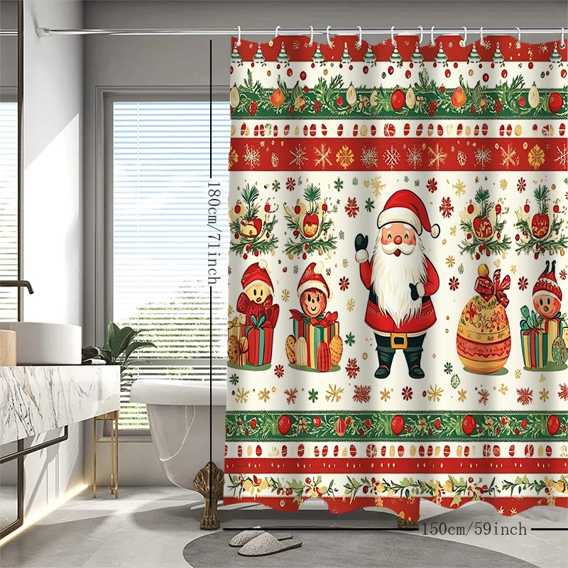 Bathroom Santa Claus Christmas tree decoration shower curtain, equipped with 12 detachable hooks for easy cleaning