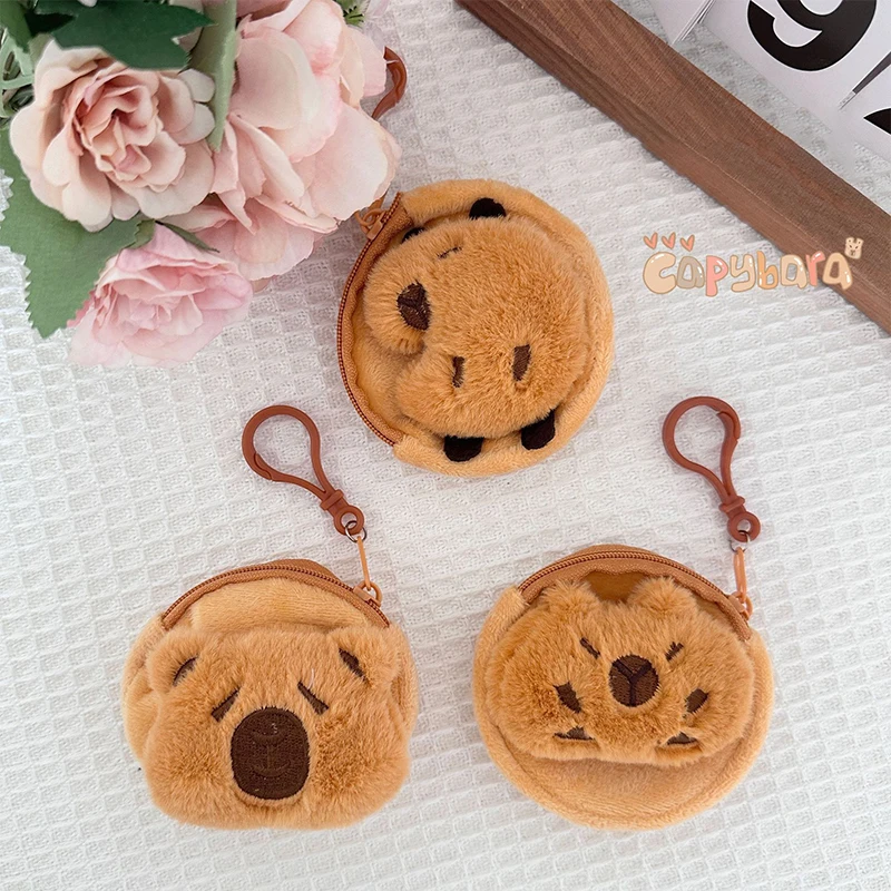 Cute Capybara Plush Coin Purse Zipper Change Purse With Keychain Small Headphone Lipstick Bag Mini Wallet Money Bag Kids Gift