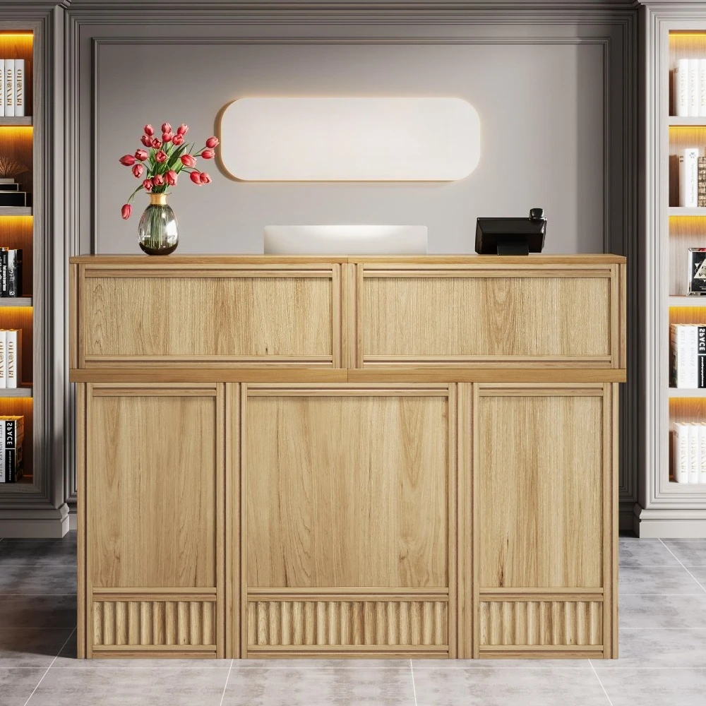 57-inch Reception Desk with Counter, Front Receptionist Table, Boho Welcome Desk Checkout Counter for Office, Retail