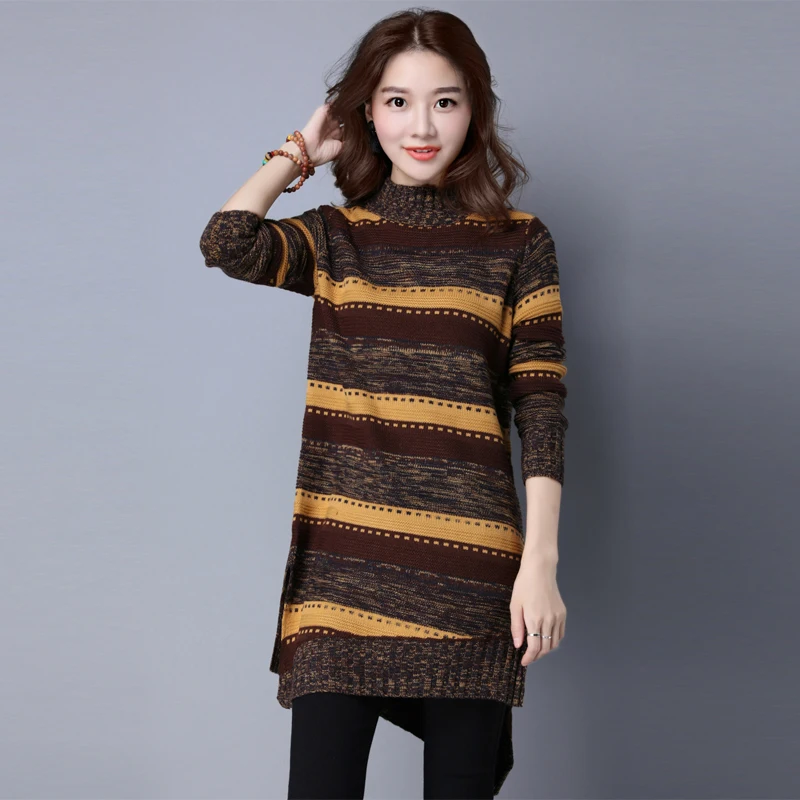 

Autumn Winter New Floral Thread Women Mid-length Bottoming Shirt Half Turtleneck Striped Sweater Dress Bottoming Shirt Women