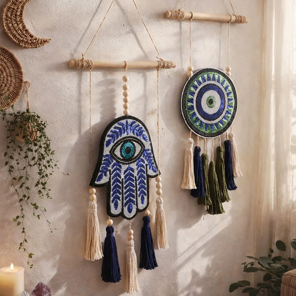 Décoration murale macramé bohème œil bleu contre le mauvais œil, tapisserie en coton faite à la main avec pompons pour salon, chambre, sorcellerie, spiritualité