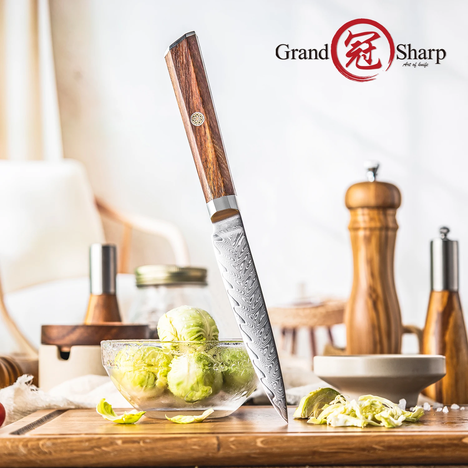 Grandsharp 4.7 Inch Utility Kitchen Knife High Carbon Damascus Stainless Steel Fruit Paring Slicing Knife Rosewood Handle