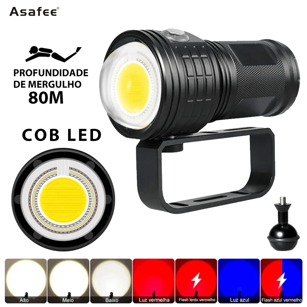 Asafee COB LED 6000LM 80M Underwater Diving Flashlight White Red Blue 80° Light 500M Range Torch IPX8 Waterproof Lantern