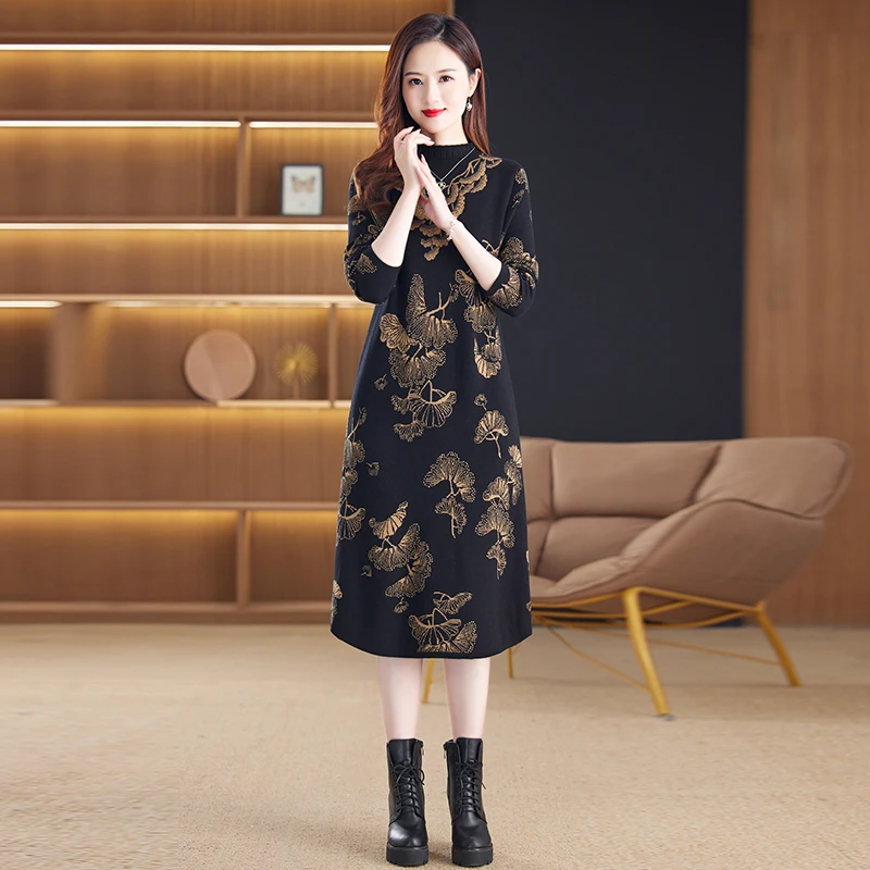 2023 New Autumn Winter Korean Fashion Vintage Thick Knitted Dress Women Elegant Loose Printed Long Sleeve O-neck Dresses