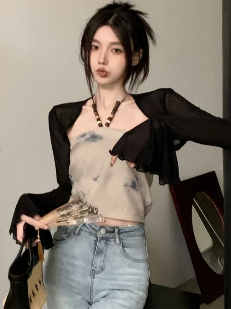 캐미솔 세트 여성 2pcs 레트로 섹시한 자른 슬림 자켓 간단한 모든 경기 플레어 슬리브 Sun-proof Hot Girls 한국 스타일 여름