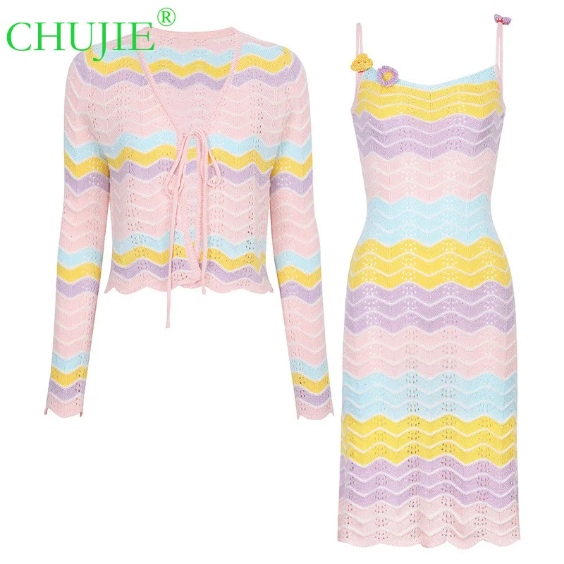 

【CHUJIE】2025 Лето-Осенний новый милый стильный облегающий топ с длинными рукавами, вязаный комплект с платьем-комбинацией, комплект из 2 предметов
