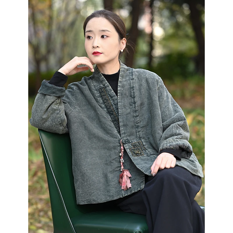 2025 New Arrival Winter Women Single Button Long Sleeves Cotton Linen Casual Parkas Loose V-neck Warm Thickened Coats J196