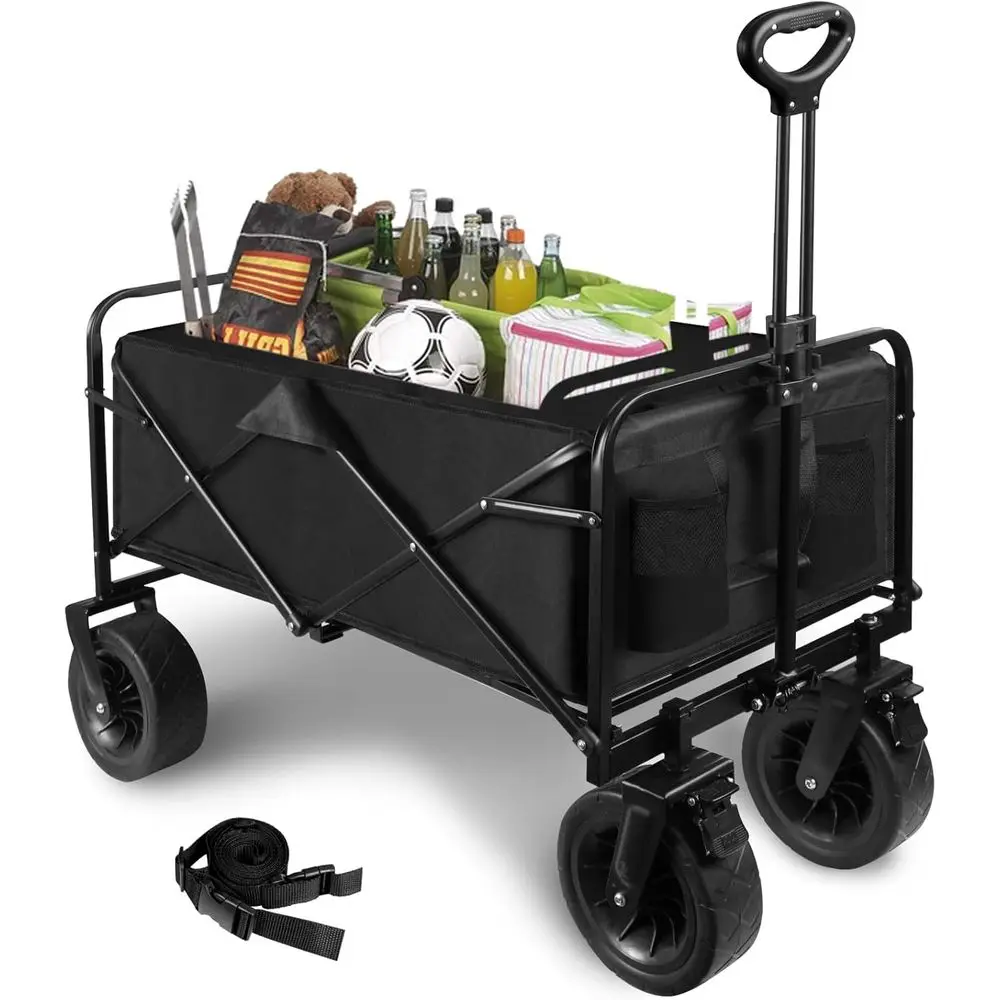 

Folding Outdoor Utility Wagon with 8-Inch Pneumatic Tires, Adjustable Handle, and Cup Holders for Gardening, Camping, and Picnic