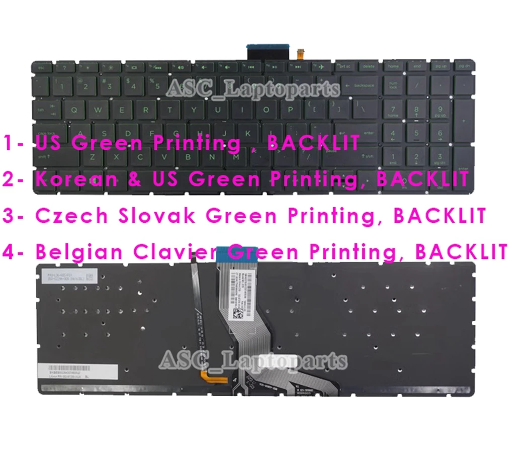 New Nordic Belgian Czech Korean US Keyboard for HP Pavilion Power 15-cb 15-cb000 15t-cb000 Series BACKLIT with Green Printing