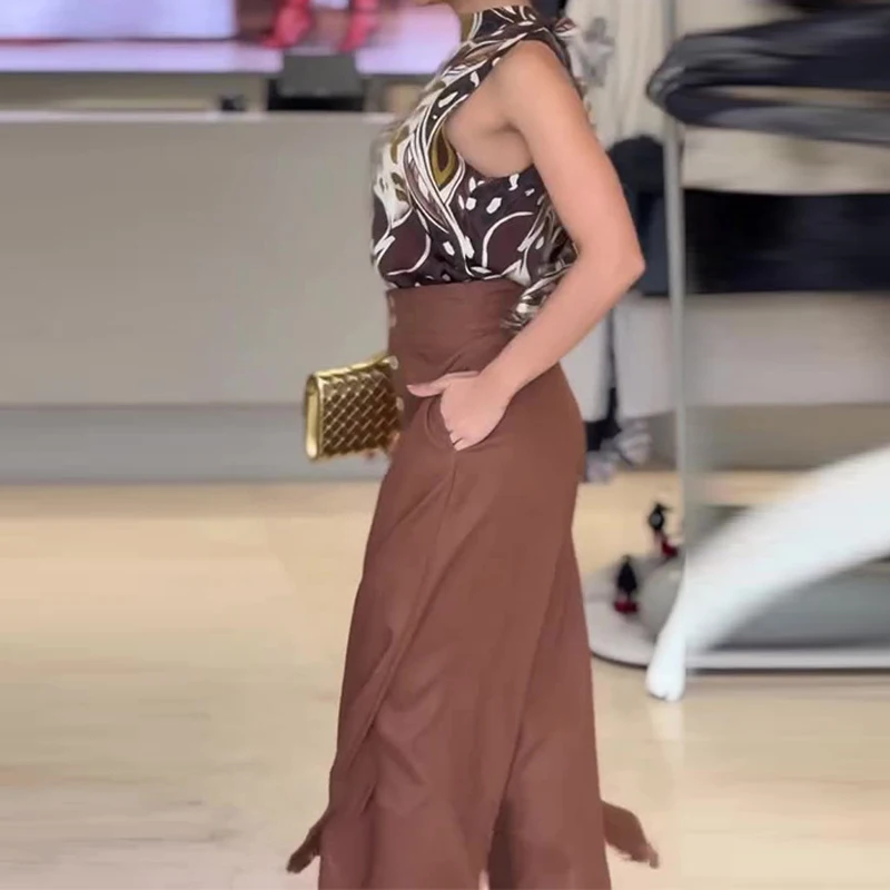 

Casual Wide Legger Pant Suit Fashion Print Sleeveless Top & Long Pant Set Elegant Temperament Half Neck Collar Loose 2Pc Outfits