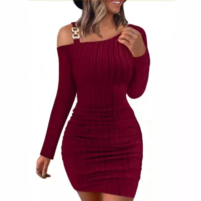 Sexy Off-Shoulder Dress, Asymmetric One-Shoulder Bodycon Dress, Long Sleeve Slim Pencil Dress, Solid Color Fashion Party Gown