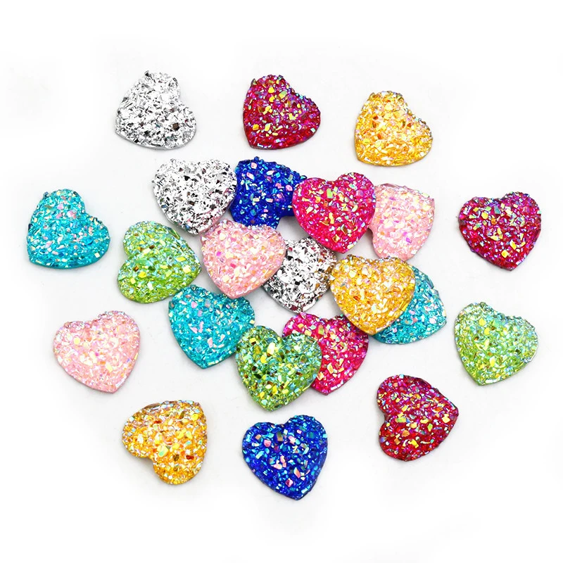 Fashion 40pcs 12mm Flat Back Heart Resin Cabochons Multi Colors Druzy Natural Stone Convex DIY Jewelry Making Accessories