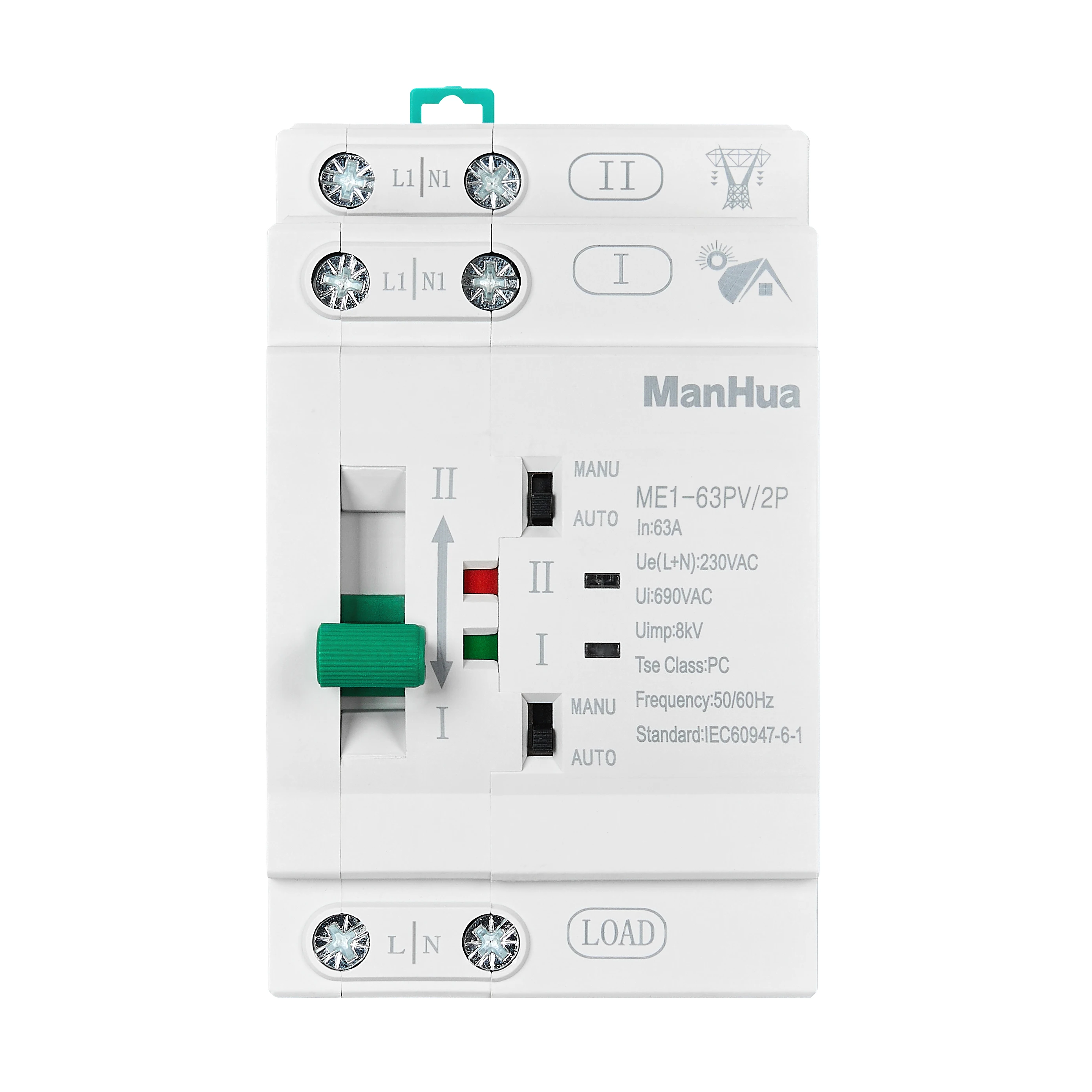 ManHua ME1-63PV/2P 63A 230VAC Dual Power Automatic Transfer Switch PC Type Switch  DIN-Rail Mounting